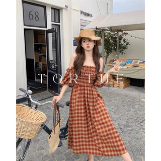 [Sẵn] V147 Đầm váy dài bẹt vai bo chun caro nâu đỏ tiểu thư nhẹ nhàng phong cách Pháp Retro Vintage Taobao mới 2023