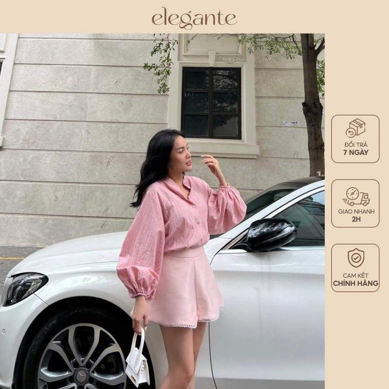 Bộ áo sơ mi và quần ngắn nữ voan phối kaki trơn Elegante 88191004 màu trắng, hồng, xanh đen