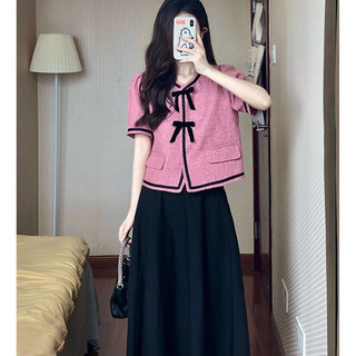 Set Áo Midi Hồng thắt nơ kèm váy dáng dài