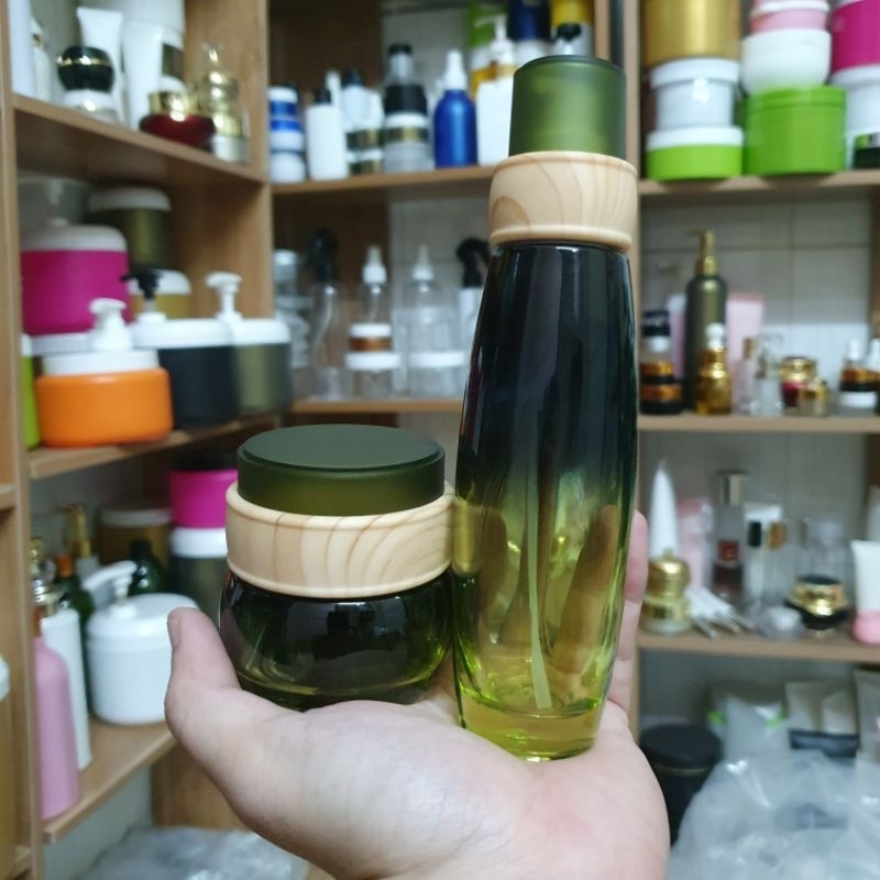 Bộ chai hủ thủy tinh màu xanh nắp vân gỗ, hàng xịn cao cấp