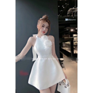 đầm xòe bo eo cột yếm bông nơ phối  lông  thiết kế lyie