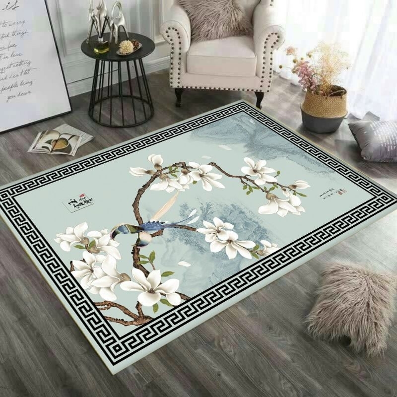 Thảm trải sàn bali 5D mẫu đào đá nền xanh sắc xuân 1m6x2m3