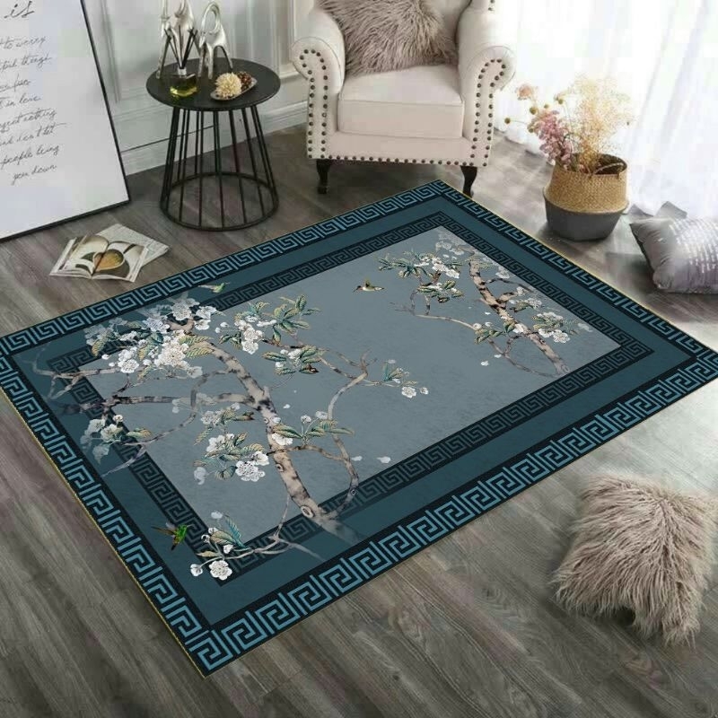 Thảm trải sàn bali 5D mẫu đào đá nền xanh sắc xuân 1m6x2m3