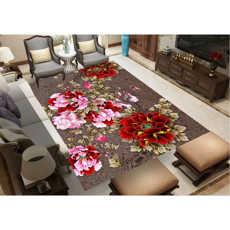 Thảm trải sàn bali 5D mẫu đào đá nền xanh sắc xuân 1m6x2m3