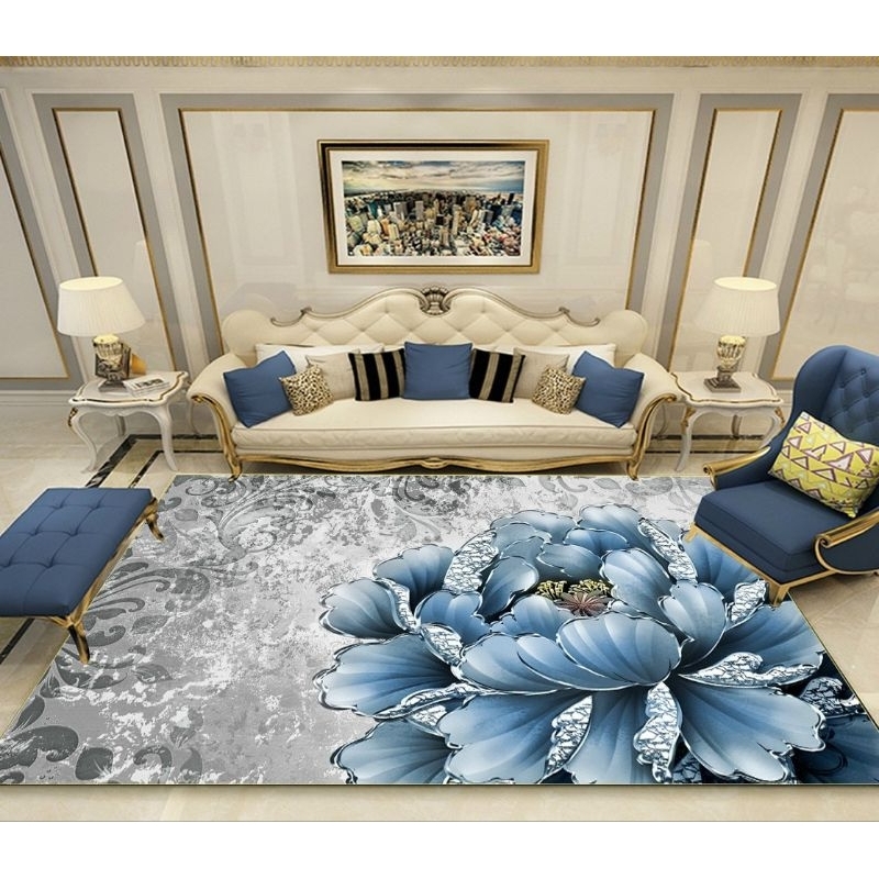 Thảm trải sàn bali 5D mẫu đào đá nền xanh sắc xuân 1m6x2m3