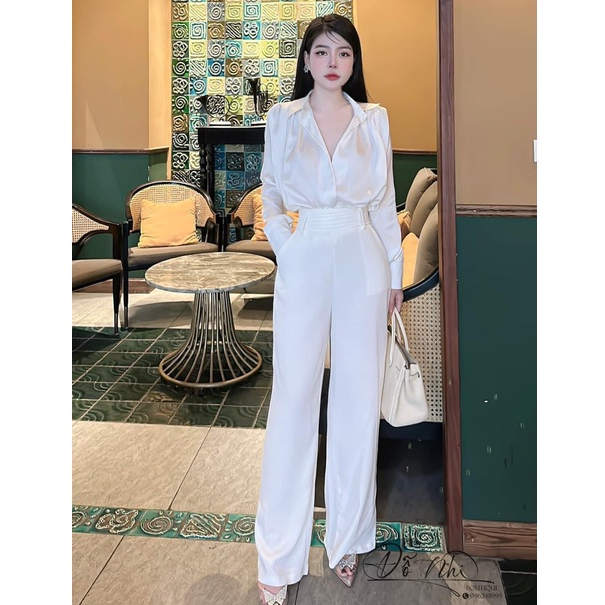 Set áo sơ mi lụa dài tay phối quần ống suông rộng thời trang công sở thiết kế công sở cao cấp thanh lịch sang trọng LEVA