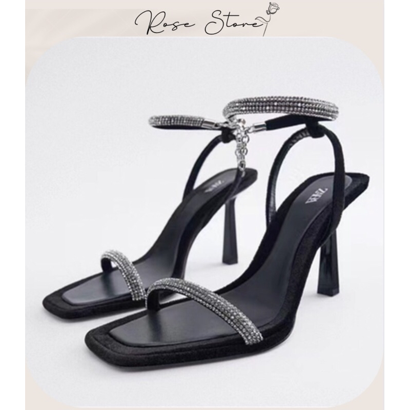 Giày cao gót Zara quai mảnh đính đá gót 8p