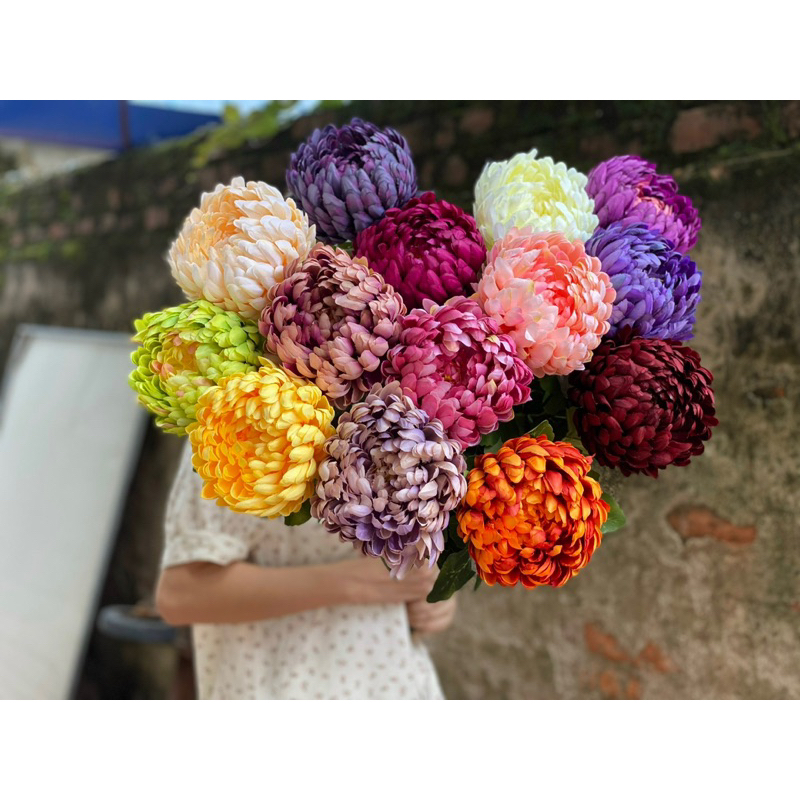 Hoa cúc mẫu đơn lụa nhập khẩu cao cấp , cúc đại đoá trang trí nhà cửa, cắm bình