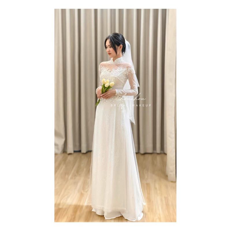 Áo dài cô dâu ren mi mềm màu trắng