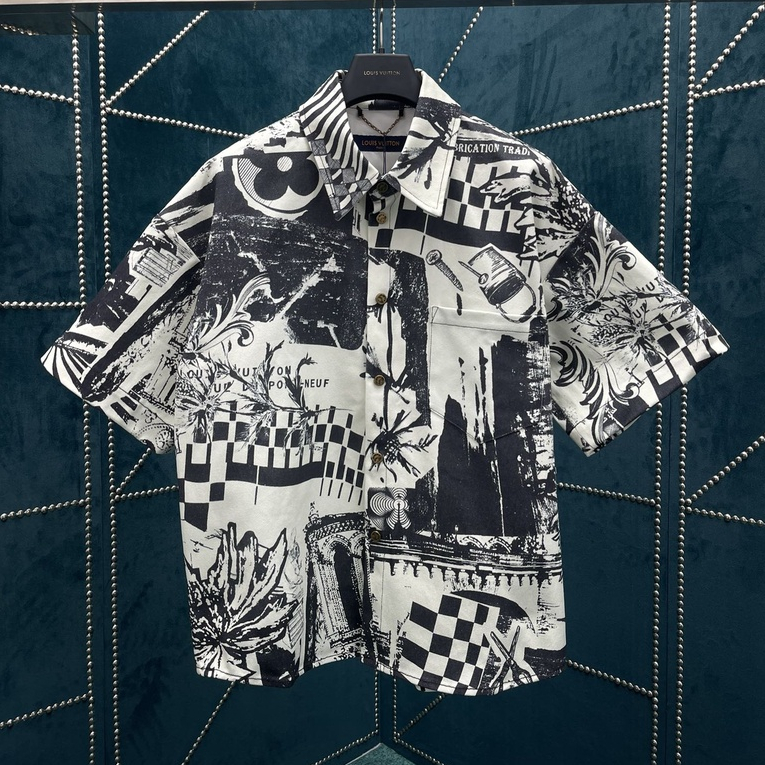 Áo jacket denim LV Luôn Vui Tươi SS23 Shirt bản cao cấp, Áo sơ mi ngắn tay LV in hình họa tiết, Áo sơ mi đi biển LV