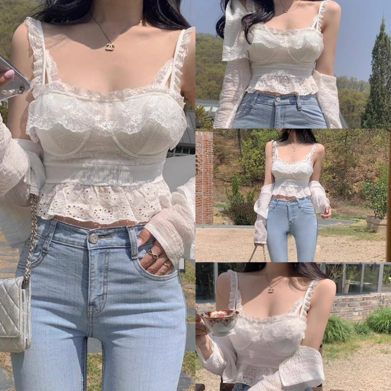 Có mút ngực Áo Dây Trắng Ren Bèo Cúp Ngực Viền Ren Croptop