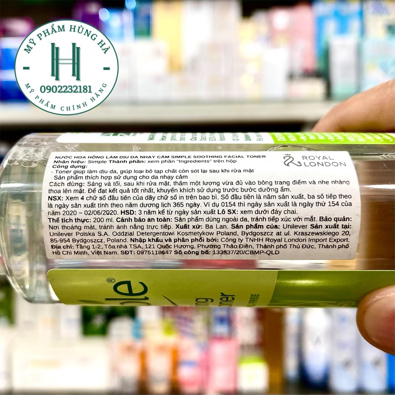 Nước hoa hồng Simple, nước cân bằng da, dưỡng ẩm, sạch sâu 200ml