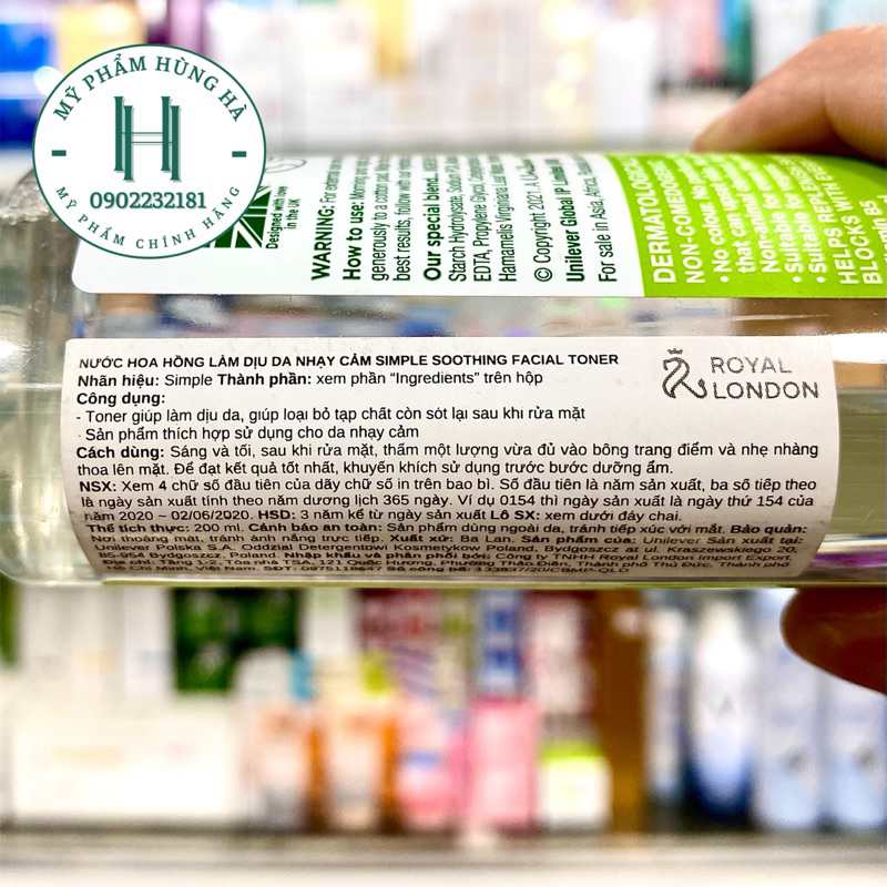 Nước hoa hồng Simple, nước cân bằng da, dưỡng ẩm, sạch sâu 200ml