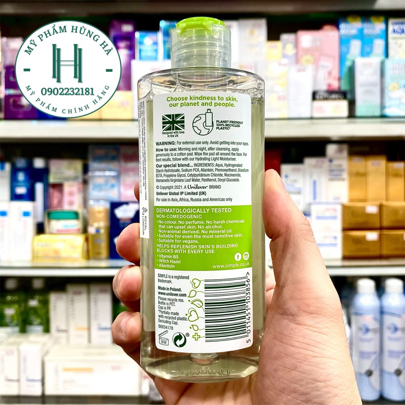 Nước hoa hồng Simple, nước cân bằng da, dưỡng ẩm, sạch sâu 200ml