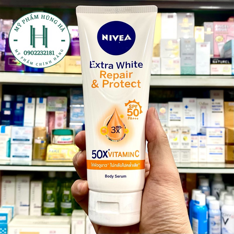Serum dưỡng thể Nivea, tinh chất dưỡng thể trắng da, chống nắng Spf 50 Nivea Extra White Repair & Protect 180ml