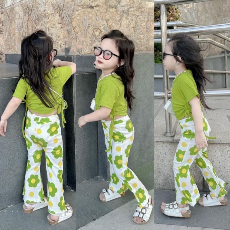 Set Áo Tăm Xanh Quần Hoa Cho Bé Gái
