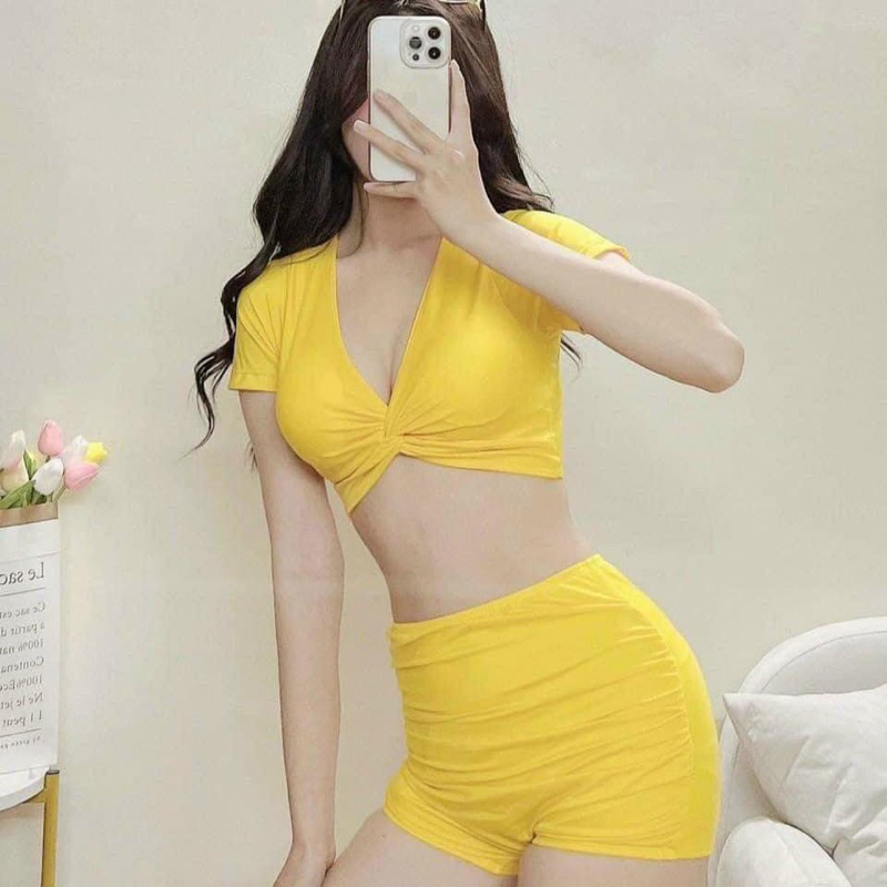 Bộ bikini đồ bơi áo cộc tay xoắn ngực siêu kín đáo mà vẫn sexy - đủ màu