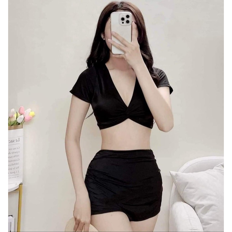 Bộ bikini đồ bơi áo cộc tay xoắn ngực siêu kín đáo mà vẫn sexy - đủ màu