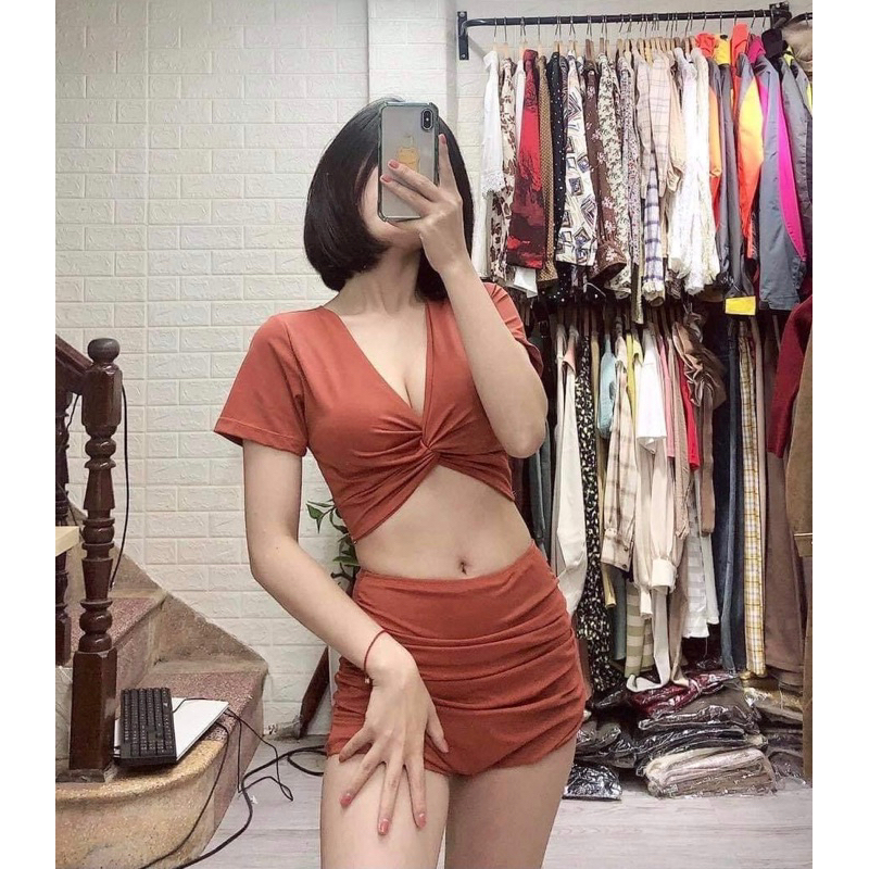 Bộ bikini đồ bơi áo cộc tay xoắn ngực siêu kín đáo mà vẫn sexy - đủ màu