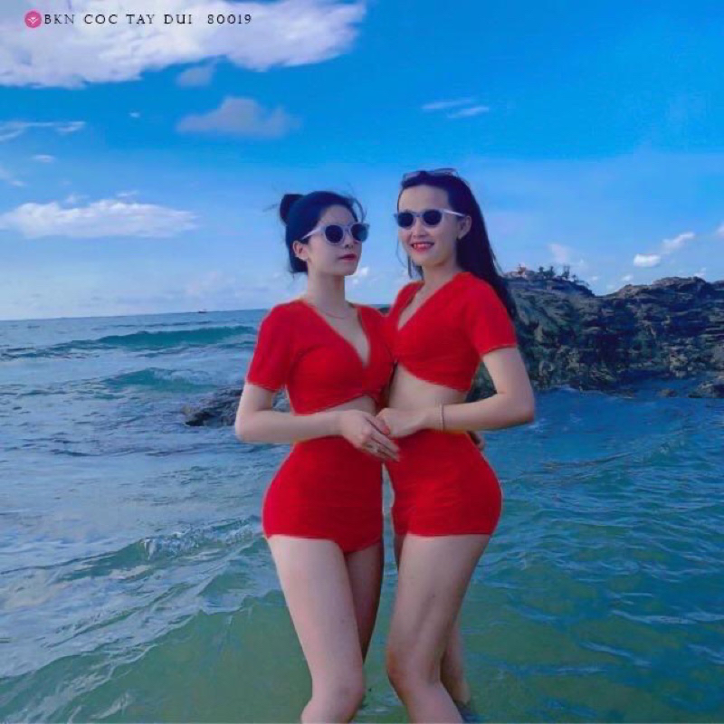 Bộ bikini đồ bơi áo cộc tay xoắn ngực siêu kín đáo mà vẫn sexy - đủ màu
