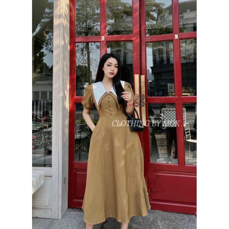 Đầm midi cổ nhọn 2 lá nút bọc buộc nơ eo