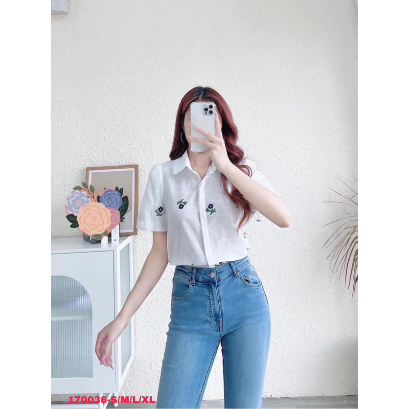 áo sơ mi trắng xô thêu hoa cổ sen