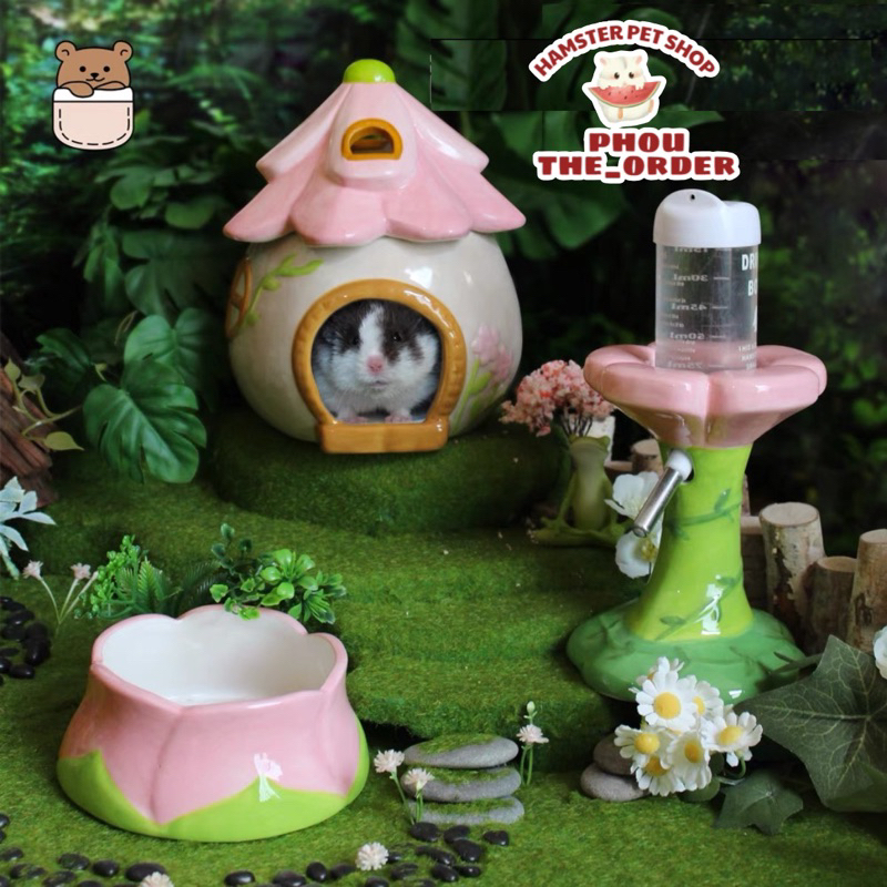 Nhà ngủ đế bình nước bát ăn sứ bông hoa cho hamster
