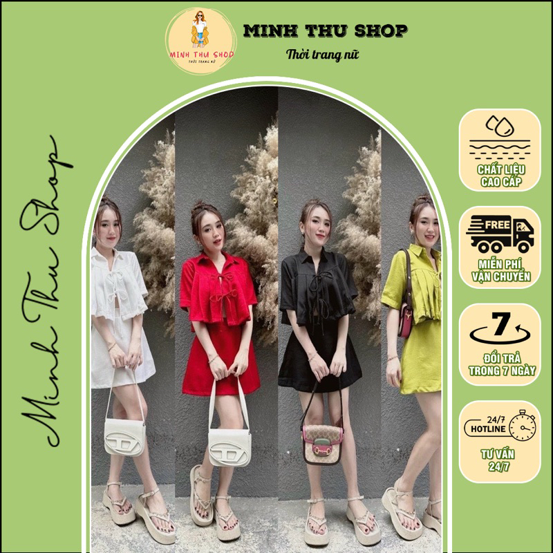 Set váy tiểu thư Minhthushop 1981, sét bộ áo ngắn chân váy chữ A 4 màuvải đũi xước lên dáng chuẩn như hình .