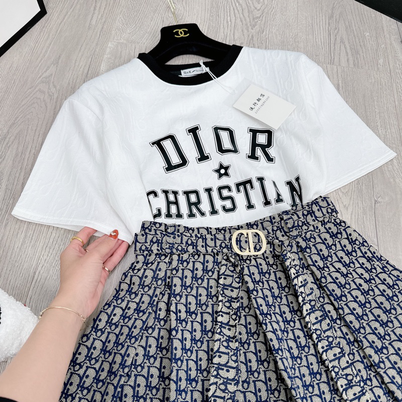 [ 𝐅𝐑𝐄𝐄 𝐒𝐇𝐈𝐏 ] Set áo xốp dập nổi Dior mix cv xếp ly kèm đai khuy hot hit Áo xốp dập nổi QC cao cấp, phối cổ, hình ép 5D