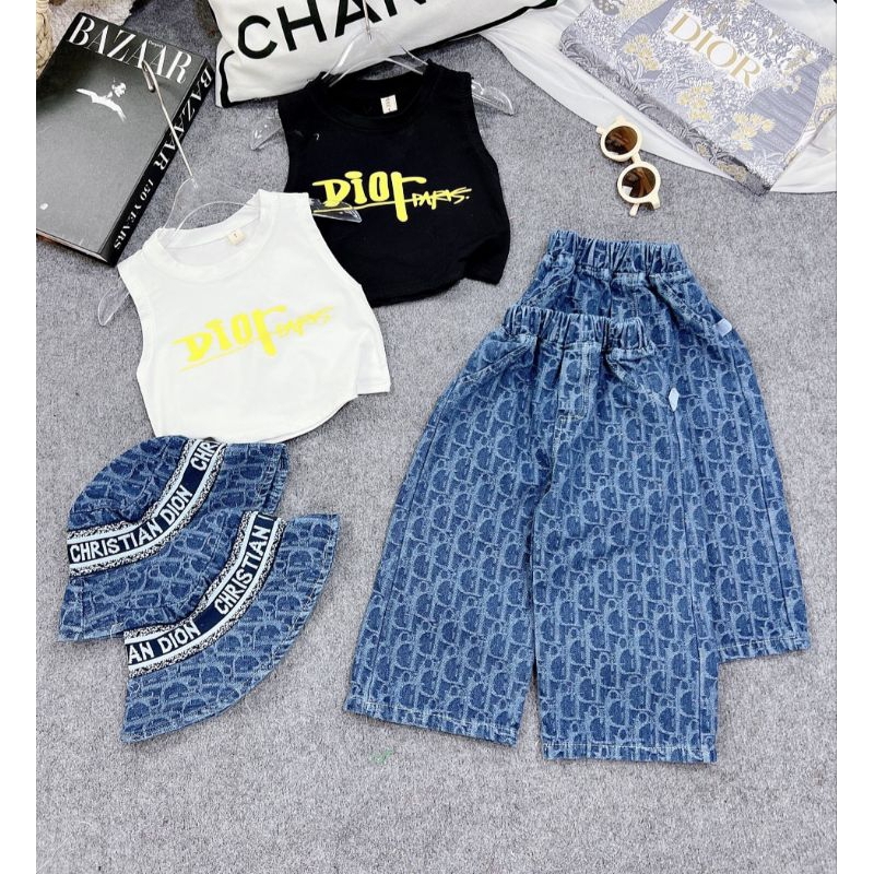 Set 3 chi tiết áo cotton quần xuông kèm mũ chất lừ bé gái