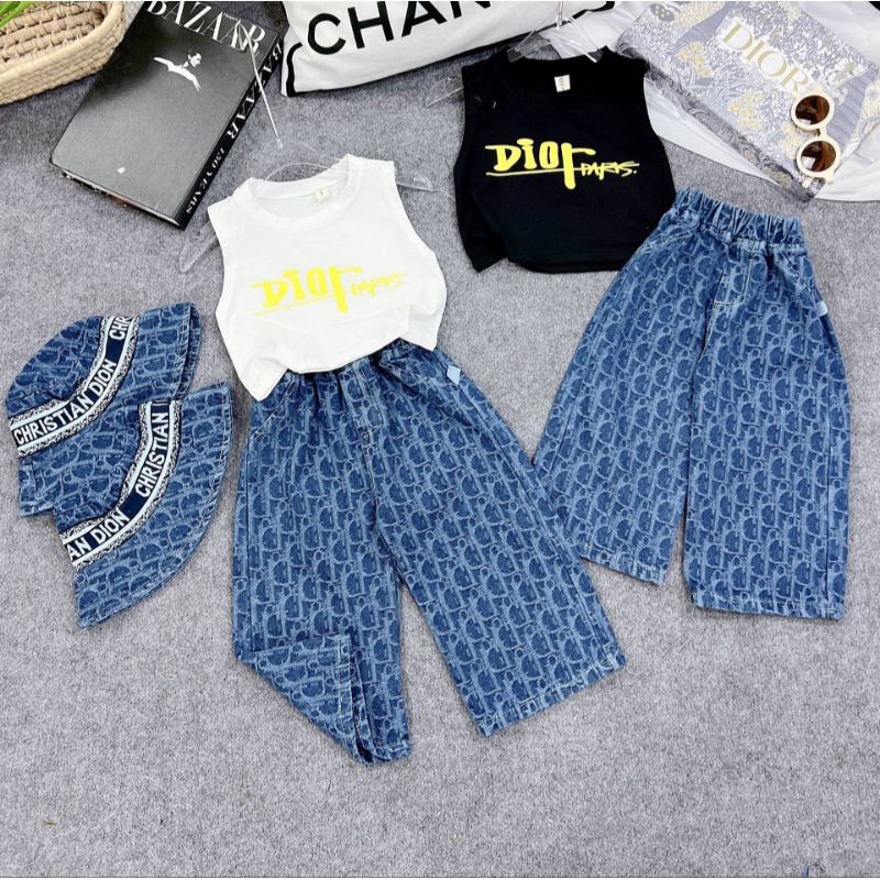 Set 3 chi tiết áo cotton quần xuông kèm mũ chất lừ bé gái