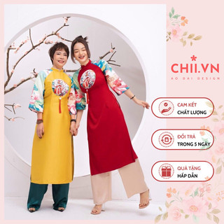 Áo Dài Cách Tân Nghinh Xuân, Áo Dài Đẹp 2 Màu Đỏ Vàng Đồng Phục, Tiệc Cưới Chụp Ảnh