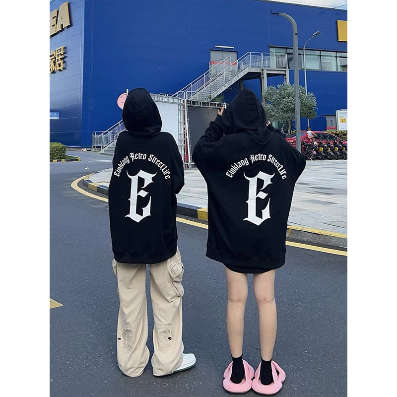 Áo hoodie nam nữ form rộng, in hình Typography chữ E-Einklang Retro Streetlife, chất vải nỉ bông cotton 100%