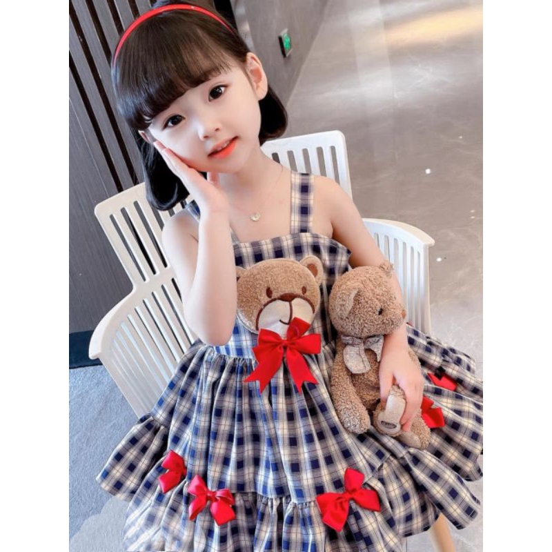 Váy 2 dây to Gấu kẻ đính nơ xinh xắn bé gái