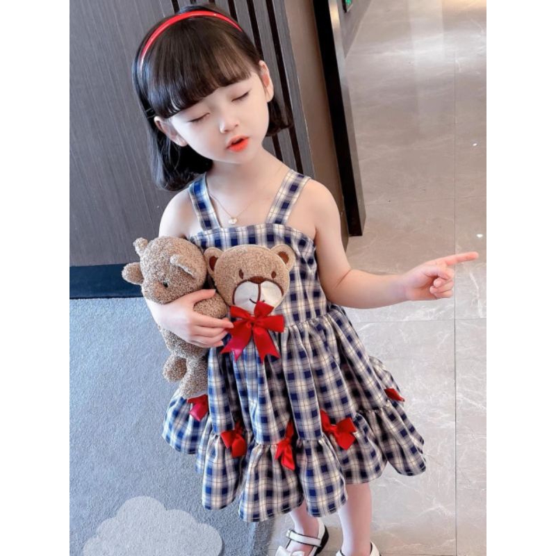 Váy 2 dây to Gấu kẻ đính nơ xinh xắn bé gái