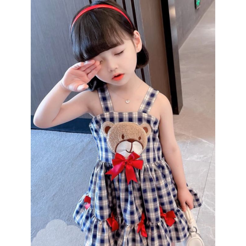Váy 2 dây to Gấu kẻ đính nơ xinh xắn bé gái