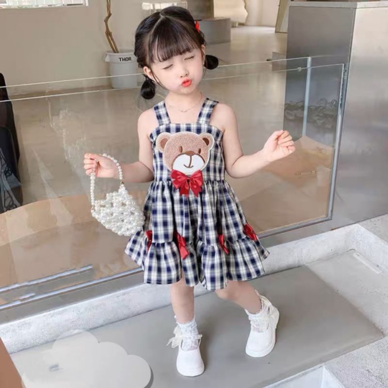 Váy 2 dây to Gấu kẻ đính nơ xinh xắn bé gái
