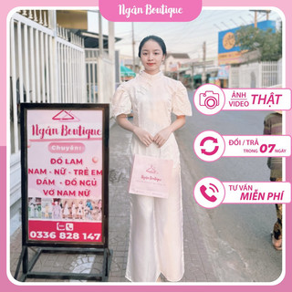 Đồ lam Phật tử đi chùa nữ gấm nổi Thượng Hải tay phồng, pháp phục đồ lam Ngân Boutique