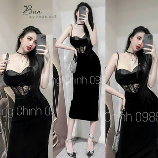 Váy 2 dây nhung cúp ngực phối ren - Đầm nhung 2 dây phối ren bụng kèm ảnh thật