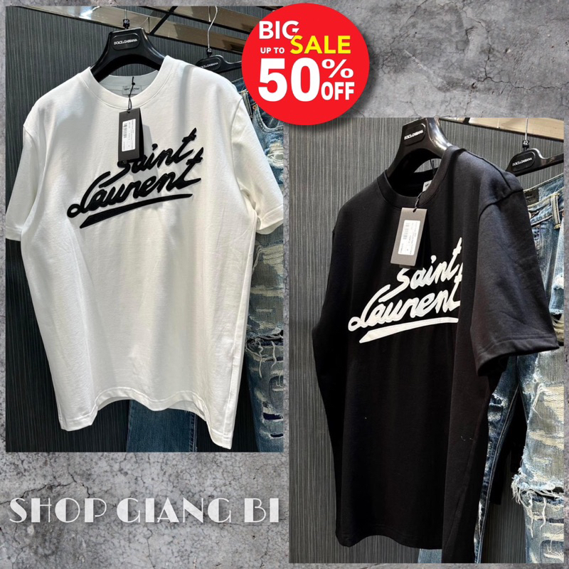 Áo phông nam nữ thêu chữ Saint Laurent bằng da vải cotton mùa hè,áo thun nam thêu hoạ tiết da saint laurent thời trang