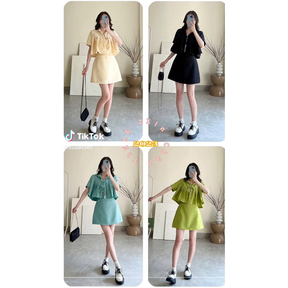 Set 3 món croptop áo cột dây chân váy chữ A freesize < 58kg