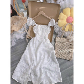 🔆 đầm midi 2s bèo trắng vân hoa xẻ đùi 🖤