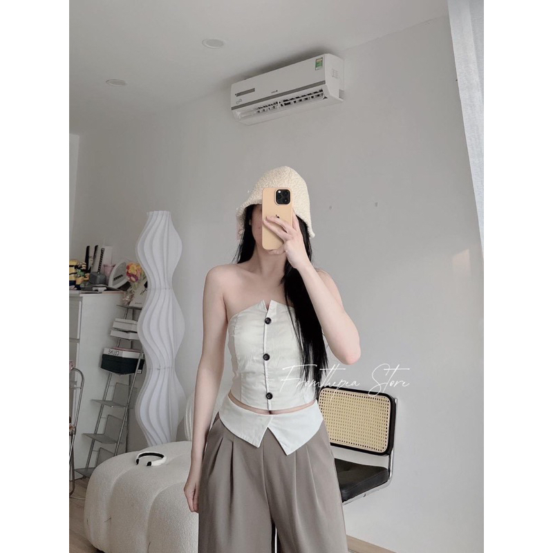 Set bộ nữ quần suông dài lật lai phối áo ống croptop nút