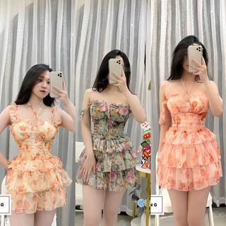 Váy tơ hoa cup ngực cánh tiên chun eo xoè tầng (Ảnh thật shop chụp)