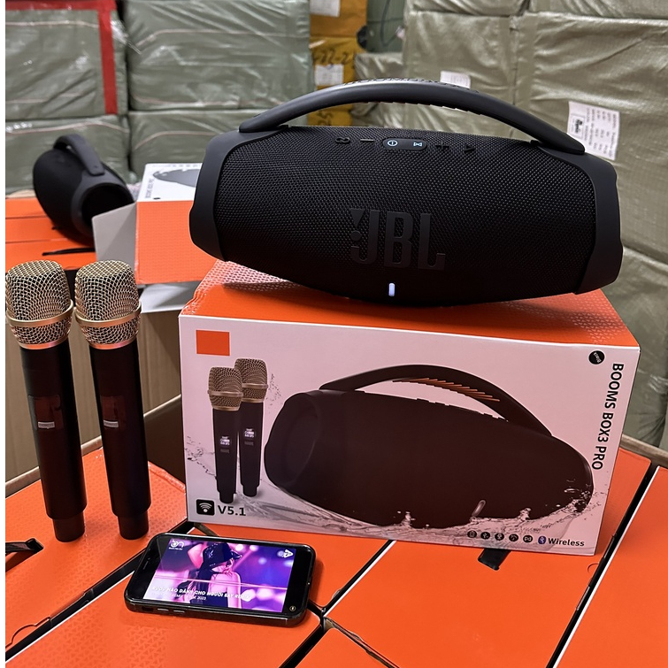 Loa Bluetooth karaoke Bombox 3 kèm 2 micro không dây công suất 40W đèn leb bass mạnh âm thanh lớn Pin tới 6h BH 1-1