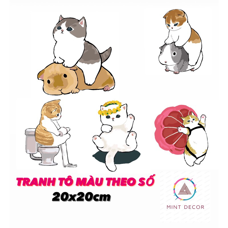 TRANH TÔ MÀU SỐ HOÁ MÈO CON CUTE 20x20 có khung canvas, hai cọ, bộ màu acrylic theo số, vis treo tranh