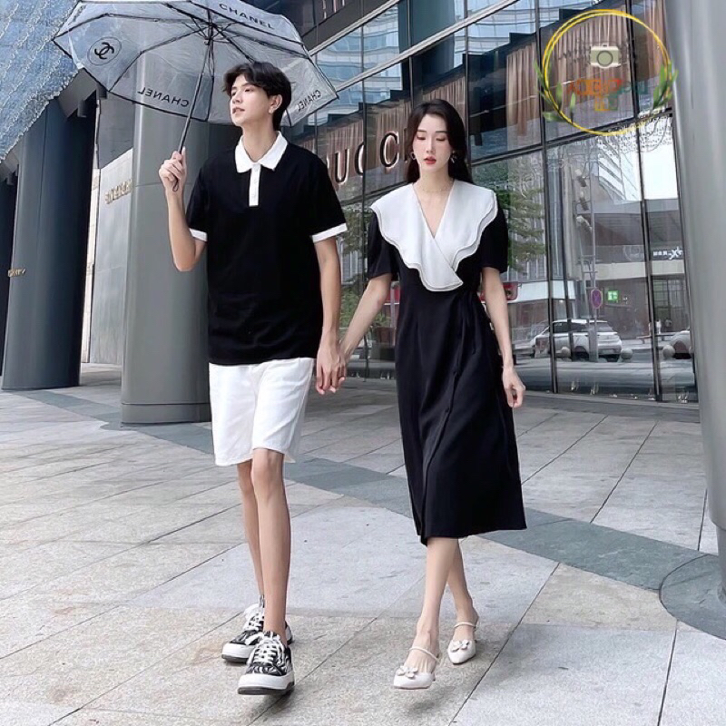 💓💓 (CÓ BIGSIZE NAM) Đầm midi cổ phối voan trắng tay phồng thắt eo một bên + Áo thun cổ polo trắng phối hợp
