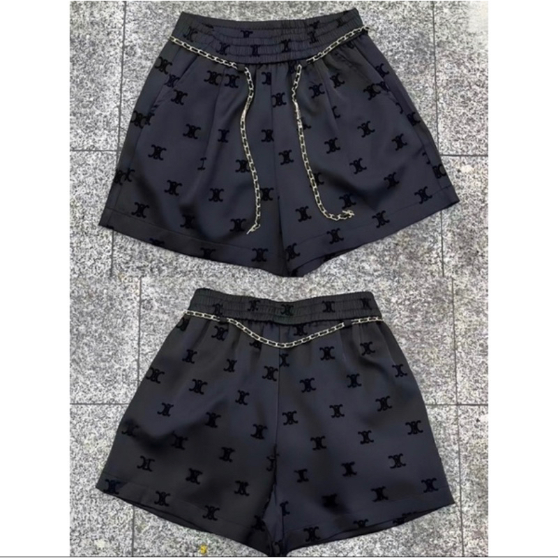 Quần short lụa phối nhung kèm đai xích siêu đỉnh, Quần đùi lụa nhung phối tag nổi kèm đai xích