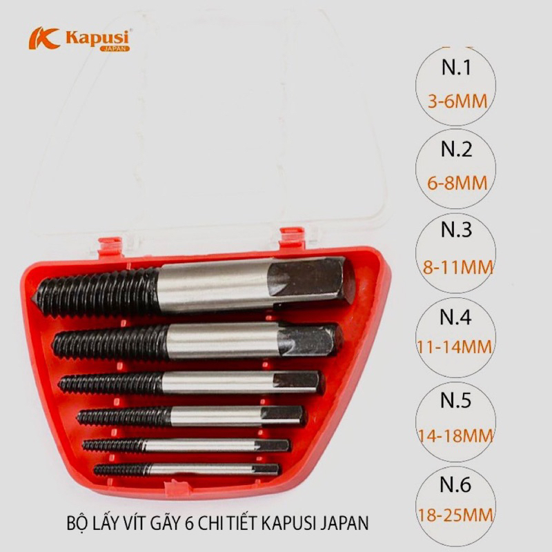 Bộ tháo bu lông ốc vít gãy hãng Kapusi Nhật Bản 6 chi tiết 3-22mm taro ren ngược, Bảo hành 12 tháng,