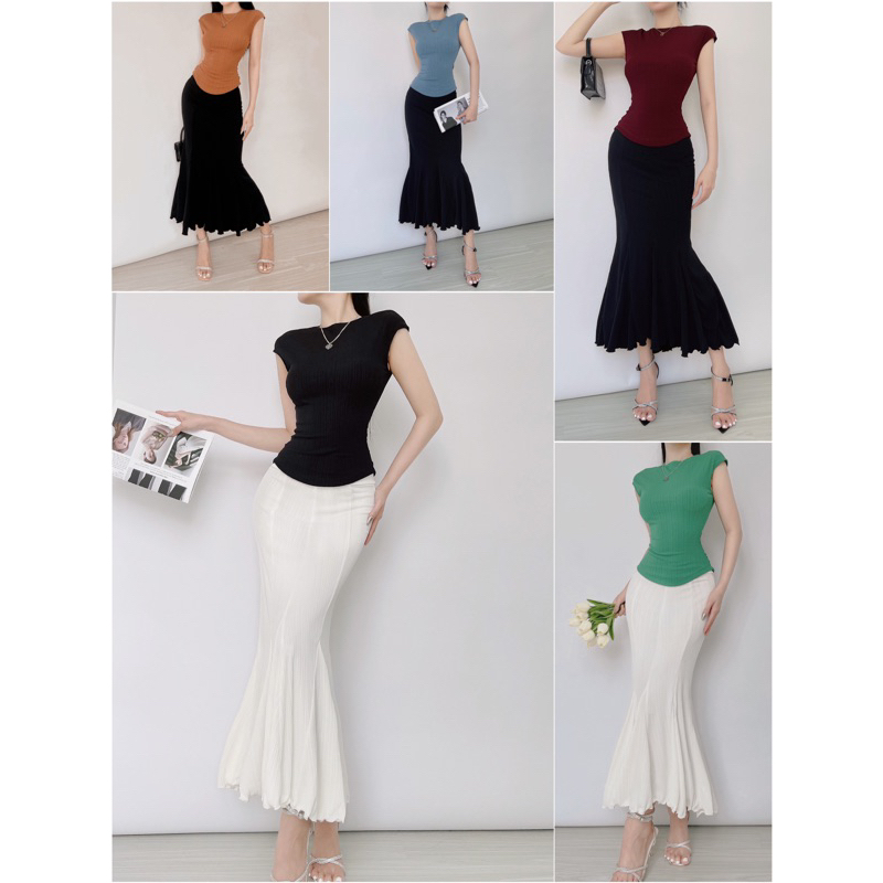 Nie Top x Mermaid skirt - Áo tay con nhúng eo phối váy đuôi cá ráp tùng xoè sang chảnh, chất thun cao cấp dày dặn